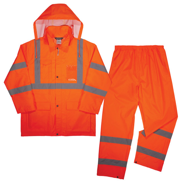 Stay warm and dry when working in adverse weather conditions thanks to the Ergodyne GloWear 8376K Lightweight Hi-Vis Rain Suit. Each suit boasts hook and loop cuffs and pant legs allow for a customized fit and help keep rain out.  Made from lightweight 150-denier polyester oxford with PU coating for waterproof protection.  Fully taped and bonded seams lock out water.  Boasts 2 lower-front pockets with snap flaps, a cell phone chest pocket and a clear ID holder.  Storm flap and snap buttons prevent water from leaking through a zipper closure.  Concealed hood with drawstring can be stowed away when not needed.  Vented back cape for breathability.  Hook and loop jacket cuffs and pant leg snap cuffs keep wind out and make for easy/on off.  Elastic waist for comfortable wear over base layers.  Bright fluorescent with 2in reflective tape for high visibility.  Certified ANSI/ISEA 107-2015 Type R, Class 3 certified, Supplemental Class E and 3rd Party Ccrtified.  Machine washable.