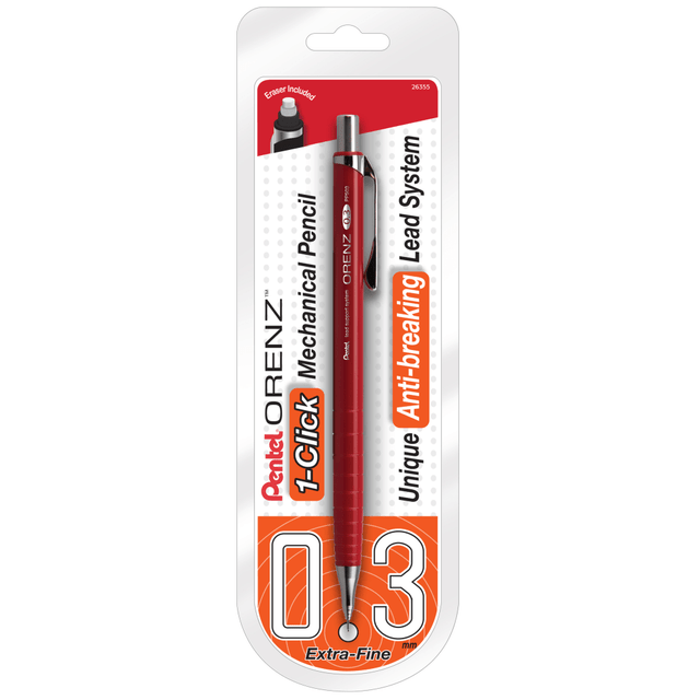 Stay sharp on the job with this Pentel Orenz mechanical pencil. The unique Super Sliding Sleeve keeps your lead protected so it doesnT break mid-sentence, and the 1-Click advancement keeps the pencil ready to write with a touch. Compatibility with HB refills provides a reliable testing option. With a built-in pocket clip and an included eraser, this Pentel Orenz mechanical pencil is ideal for work or school.  HB lead pencils create a dark, easy-to-read line.  Compatible with HB refills for extended use.  1-Click advancement supports effortless function.  Backed by manufacturers limited lifetime warranty.  0.3mm fine lead.  Red barrel color.  Refillable - designed to be used repeatedly, helping you avoid single-use disposables and potentially save money.