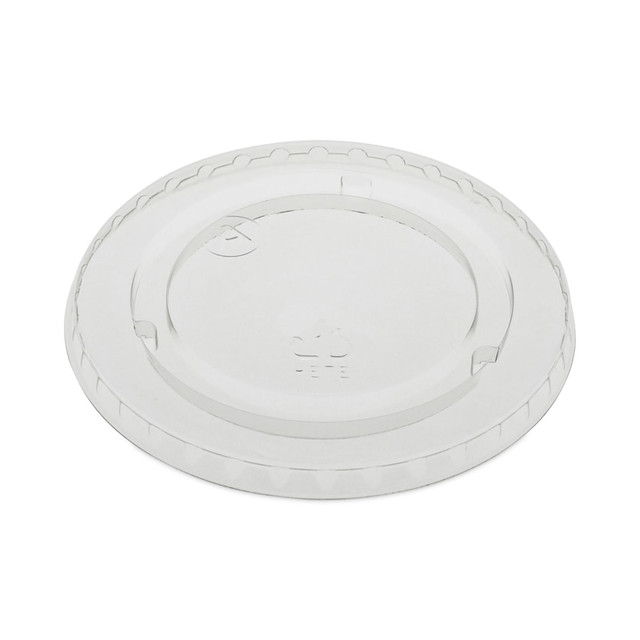 Stock your restaurant or food service area with these Pactiv Evergreen EarthChoice Strawless RPET Flat Lids. The flat lids work with a wide range of cup sizes and are made of RPET that can handle both hot and cold drinks.  Fits A cups from 9 oz to 20 oz.  RPET construction allows a broader temperature range for use with hot and cold beverages.  Snaps in place for security.  Clear to see whats inside.  Stackable to save space.  Contains Recycled Content - See Specs for Details.