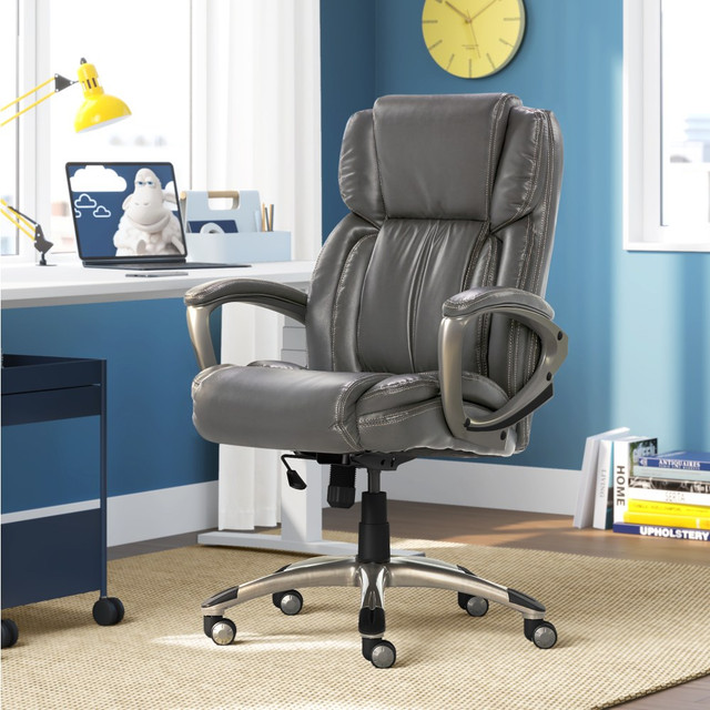 Your office needs an elegant addition to bring the space together. This high-back chair features layered foam cushions and a lumbar feature to keep you comfortable and supported throughout the day, and the casters enable movement in every direction.  Overall Dimensions: 45inH x 26inW x 19 1/4inD.  Weight capacity tested to support 250 lb.  Bonded leather seat and deep, layered foam cushions surround you in comfort.  Lumbar feature supports your lower back and enhances the natural curve of your spine.  Waterfall seat cushion slopes slightly downward to help reduce stress on your legs.  Height adjustments move the seat up or down with ease.  Tilt adjusts to find the right angle for the job.  Metal and plywood frame for stability and strength. 360 deg. casters allow easy movement.  Assembly required.  Tested to meet ANSI/BIFMA Performance Standards - Manufacturer testing has been conducted on this product to meet specific performance requirements and safety standards set forth by the American National Standards Institute (ANSI) and the Business and Institutional Furniture Manufacturers.