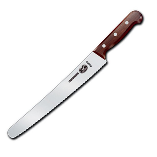 This bread knife has a serrated and curved blade for ease while cutting. The carved rosewood handle is durable and has an elegant look.  Serrated and curved blade makes slicing through bread simple.  Stamped construction provides a lightweight feel.  Handle is made from carved rosewood for a comfortable grip.  Backed by the manufacturers lifetime limited warranty.  Blade has a generous length of 10-1/4in.