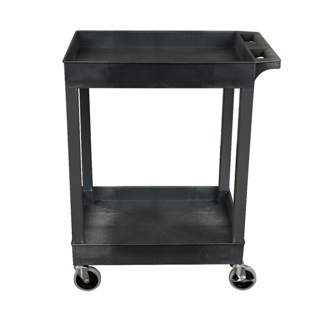 Transport heavy loads with ease in the Luxor 2-Shelf Plastic Utility Cart. Its high-density molded polyethylene construction is resistant to dents, scratches and stains for long-lasting use. The deep tub shelves can hold up to 400 lb, making it easy to transport multiple items at once.  Durable high-density polyethylene construction.  Resistant to stains, scratches and dents.  2-1/2in deep tub shelves.  Square legs.  Ergonomic push handle in top shelf.  4in full-swivel casters with 2 locking brakes.  Weight capacity tested to support 400 lb.  Assembly required.