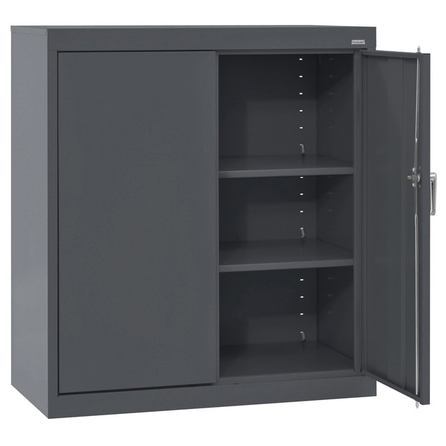 Look to this storage cabinet if you need a simple way to organize clothing, decoratives, games and more. The cabinet comes with 3 shelves, including 2 adjustable shelves that help you find a place for everything.  24 gauge steel cabinet with a chip- and corrosion-resistant powder-coated finish to last for years.  Offers 2 adjustable shelves and a bottom shelf to help you organize things.  Reinforced door stiffener panels for a rigid design.  Swing handle with a 3-point locking system for reliable security.  Weight capacity tested to support 540 lb.  Weight capacity per shelf tested to support 180 lb.  Assembly only required for the handle.  This product is heavy and/or oversized and may need more than one person to handle.