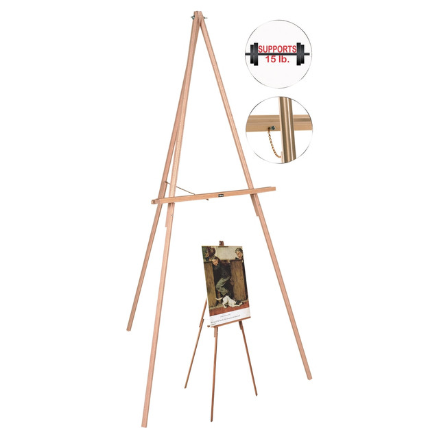A lightweight easel thats simple to assemble and store. Wood construction and a stability chain create a solid design.  Wood construction offers ample strength.  Stability chain helps stop slippage.  Holds up to 15 lb of materials.  Lightweight composition allows simple storage and assembly. Folding design offers a compact footprint when not in use.  Includes a support tray.  This product is heavy and/or oversized and may need more than one person to handle.