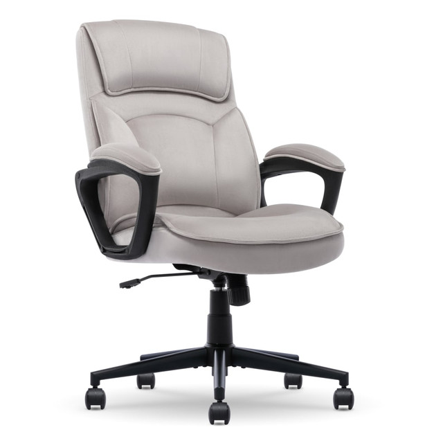 Bring comfort and style to your busy workday with the Serta Comfort Classic Executive Office Chair. This office desk chair comes in charming velvet with extra lumbar support to keep you comfortable whether you're working or kicking back for a break.  MODERN LOOKS & SOFT FEEL: This ergonomic office chair features a modern silhouette with a mid-back design, molded arms and tailored piped edges for a luxurious and sophisticated style. Upholstered in soft velvet.  ERGONOMIC COMFORT: Deep body pillows with ergonomic contours and lumbar support in the backrest encourage proper posture for long hours of sitting. The double-layer seat cushion is filled with high-density foam for semi-plush comfort.  SERTA FOAM & ENDORESEMENT: All Serta chairs use quality non-toxic foams.  DURABLE BUILD: Sturdy metal base sits on 360 smooth-rolling casters with an easy to reach seat-side lever for height adjustment and tilt-lock. Casters are intended for use on carpet and are not recommended for use on tile or hardwood floors. Weight capacity tested to support 275 lb.  EASY ASSEMBLY: Simple and quick assembly with all hardware parts and tools included.  Overall Dimensions: 44-1/2inH x 27-1/2inW x 32inD.  Backed by the manufacturer's 1-year limited warranty.  Tested to meet ANSI/BIFMA Performance Standards - Manufacturer testing has been conducted on this product to meet specific performance requirements and safety standards set forth by the American National Standards Institute (ANSI) and the Business and Institutional Furniture Manufacturers.