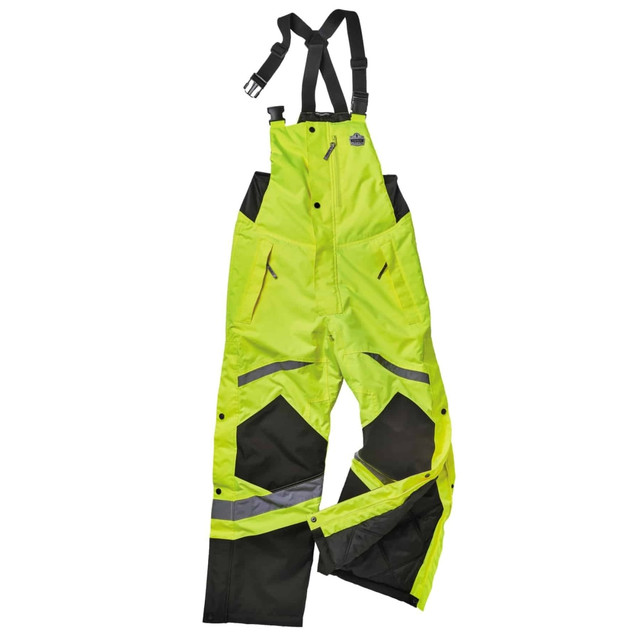 You can stay warm and visible when you pull on these insulated bibs. The polyester construction features a PU coating to offer protection against wind and water, and the 3 pockets allow simple storage.  Knee patches are scuff resistant for durability.  300D polyester oxford holds up to wear and tear.  Zippered chest pocket and 2 side pockets for storing tools.  Dark accents in high-wear areas to conceal dirt.  Boot zippers allow easy on and off.  Adjustable suspender straps with quick-release buckles to offer a great fit.  Front zipper and elastic, stretchy sides to provide a secure fit.  ANSI Class E compliant to help you remain visible.  Transparent PU coating for wind- and water-resistant protection.