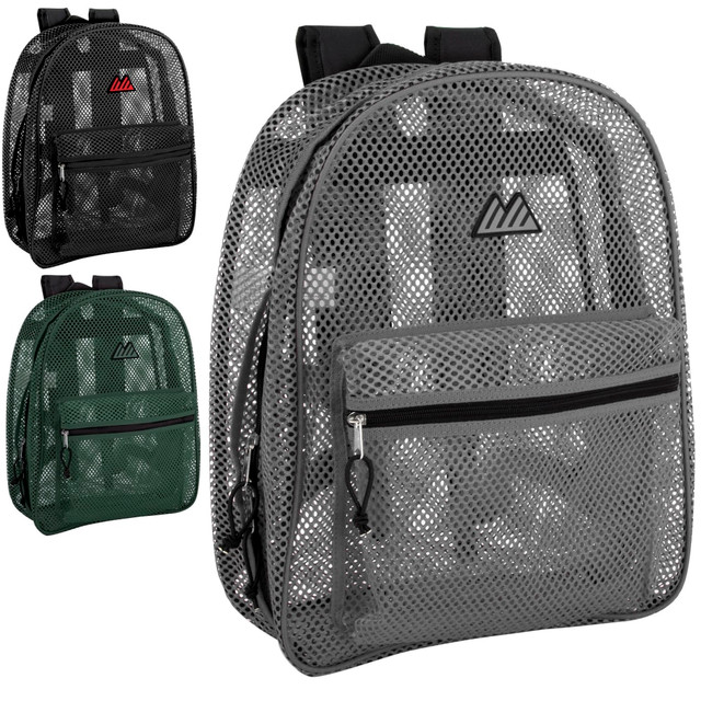 Go back to school in style with these Trailmaker Mesh Backpacks. Made from durable polyester, these mesh backpacks can last through repeated use.  Durable high-quality polyester construction.  Padded adjustable straps offer a comfortable fit.  Dual zippered compartments for extra storage.