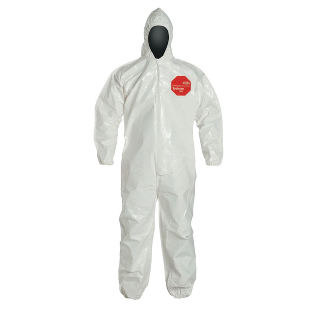 Shield yourself from harmful chemicals and hazardous conditions with these DuPont Tychem SL coveralls. The Tyvek fabric with Saranex 23-P film resists abrasions and offers durable protection against more than 120 different chemicals. You can enjoy a snug fit thanks to the elastic wrists and ankles.  Ideal for use in chemical mixing, hazardous remediation, emergency medical response, paint spraying and nuclear environment applications.  Provides at least 30 minutes of protection against more than 124 chemical challenges.  Crafted with Saranex 23-P film laminated to Tyvek fabric for rugged durability and abrasion resistance.  Zippered closure enables easy on and off. Storm flap covers the zipper and can be secured in place with an adhesive strip.  Elastic cuffs at the wrists and ankles provide a tighter fit.  Sewn seam is protected by a strip of chemical-resistant material through heat-sealed application.  Attached hood helps deliver added coverage.