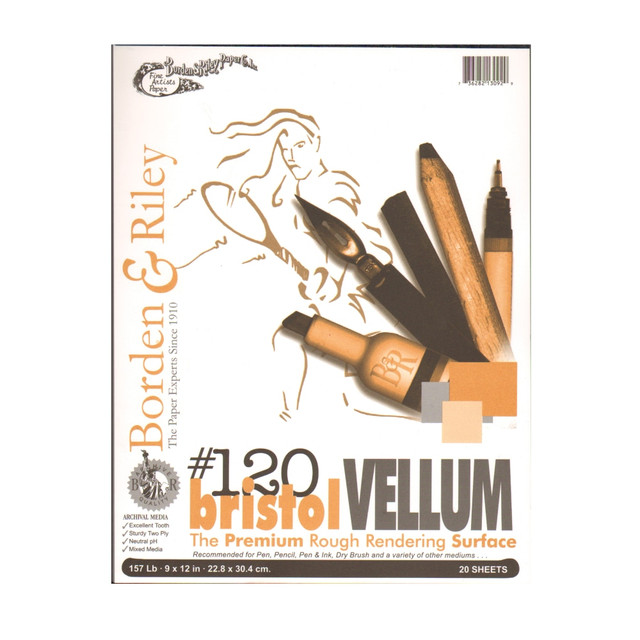 Showcase your portfolio on this Borden & Riley paper that can be used with a wide range of mediums, so you are able to experiment with different looks. The neutral construction is resistant to fading and yellowing, helping to keep your drawings and sketches looking like they are freshly drawn for longer.  #120 Bristol pad provides you with a premium rough rendering surface to meet your artistic needs.  Neutral pH for the best possible archival characteristics.  Both sides of the sheet are identical and may be reversed for economy.  Measures 9in x 12in with a vellum finish and 12 sheets per pad. Vellum (textured) surface is designed for dry wash, pencil, air brush, pastel, acrylics, brush and wash, lone and wash, or markers.  Surface can handle erasure and reworking.  Xerox compatible.
