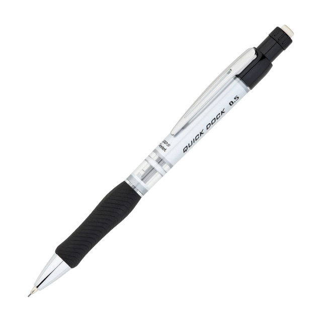Write down notes and reminders with this Pentel Quick Dock mechanical pencil.  With a continuous lead feed, this pencil ensures uninterrupted writing. This Pentel Quick Dock mechanical pencil has a transparent barrel so you can easily monitor lead supply, and the retractable tip prevents damage to your pocket.  Latex-free grip construction is easy to handle.  The transparent barrel lets you monitor lead levels.  HB lead is ideal for official documents.  An extra-long twist-up eraser clears mistakes.  Silver and black barrel pencils project a subtly sharp look.  Refillable - designed to be used repeatedly, helping you avoid single-use disposables and potentially save money.