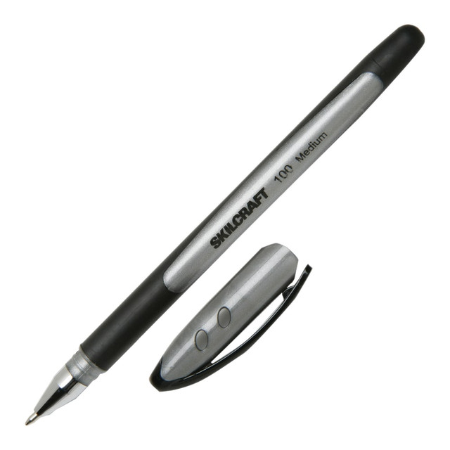 Enjoy the soft feeling of the rubberized barrels on these SKILCRAFT rubber pens. The lightweight design, along with the gripping rings, helps make it easy to use these AbilityOne pens during long writing sessions.  Lightweight barrel is rubberized. Features gripping rings that provide comfort and help reduce hand fatigue.  Cap and clip match the color of the ink.  Slim-line rubber pen.  These black-barrel rubber pens are comfortable and easy to control.