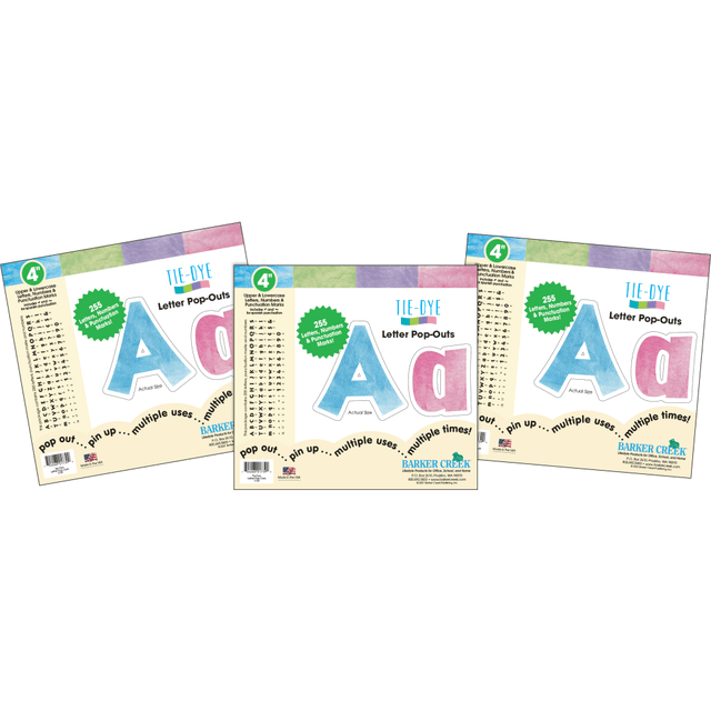 Bring your classroom displays to life with colorful letters, numbers and punctuation marks.  Add these letter and number pop-outs to your bulletin board or poster to make your students excited about their education. The pop-outs are made of sturdy card stock, and the set includes a total of 765 pieces.  Set includes 765 pieces -- includes 3 packages of 255 pop-outs.  Comes with uppercase and lowercase letters, numbers and punctuation in English and Spanish.  Creates fun bulletin boards, displays and wall decorations  Card stock construction offers durability.