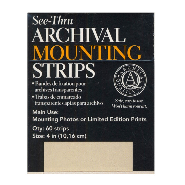 Safely mount artwork to a mat without adhesive to protect your art while framing.  Archival method of mounting prints and photos without adhesive touching the art.  Mounting strips are easy to use and easy to remove.  Position the print in place and adhere the self-adhesive strips to the mat  The print is held in place by the archival polyester and never in contact with the adhesive strip.  Cut the strips to the desired size for your framing needs.  4 in. long acid-free strips.
