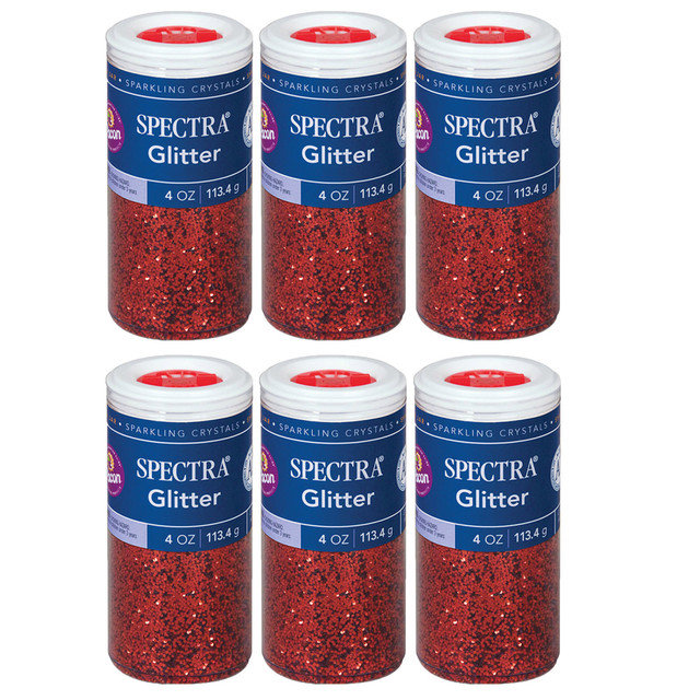 Spruce up your art project with this Spectra Glitter. This non-toxic glitter is packaged in a convenient plastic dispensing jar for easy use.  Hexagon-shaped plastic glitter crystals.  Packaged in plastic dispensing jars for convenience.  Each jar has a variety of slot opening for various dispensing options.  Sold as 6 jars of glitter.