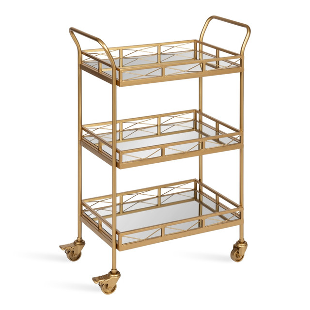 Reach for this bar cart and serve guests during your next get-together. The rolling cart is easy to move around your space and features 3 mirrored tiers to help keep things separated.  Metal cart frame to last for years.  3 mirrored tiers with an ornate design for a sophisticated look.  Locking wheels to secure it in place.  Weight capacity tested to support 22.5 lb.  Assembly required.  Backed by the manufacturers lifetime limited warranty.