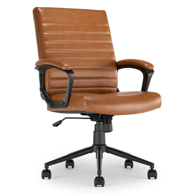 Stay comfortable and relaxed throughout the workday while seated in a Click365 Transform 3.0 Ergonomic Vegan Leather Mid-Back Managers Chair. This durable office chair features a waterfall seat and high-density foam padded for lasting comfort. Adjust the seat height, recline angle and tilt of your seat to find your ideal working position.  Ergonomic office chair provides comfort throughout the day.  Recommended for essential use 0-4 hours per day.  Weight capacity tested to support 275 lb.  Overall Dimensions: 41-1/2inH x 26inW x 28-1/2inD.  Upholstered in durable vegan leather.  Padded with high-density foam.  Waterfall seat helps to reduce pressure.  Adjustable office chair features seat height, recline angle and tilt tension controls.  Integrated padded loop arms.  Metal base with rolling casters.  Assembly required.  Backed by the manufacturer"s 1-year limited warranty.  Tested to meet ANSI/BIFMA Performance Standards - Manufacturer testing has been conducted on this product to meet specific performance requirements and safety standards set forth by the American National Standards Institute (ANSI) and the Business and Institutional Furniture Manufacturers.  Vegan Leather is a synthetic material containing no animal by-products.  See specs for details.