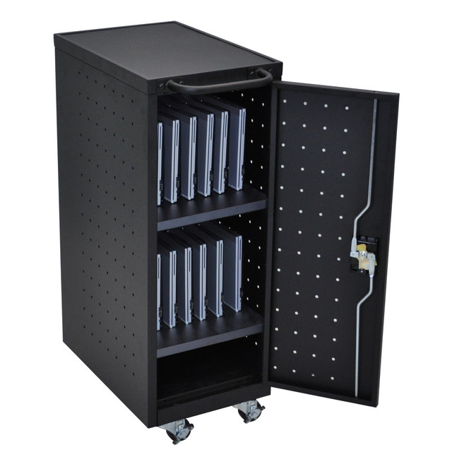 Secure and charge up to 12 Chromebooks or laptops with this sleek mobile unit. This charging station is durable with steel construction and 3in casters, making it the perfect choice for your compact workspace.  Store up to 12 laptops or Chromebooks (sold separately).  Rubber-coated dividers are spaced 1 3/4in apart to keep equipment organized and protected.  Heavy duty locking system on front and rear access doors includes a traditional lock and key system. Set of 2 keys included.  3in casters with 2 locking brakes allow for easy maneuverability and stability  Use the bottom shelf space to store additional accessories and equipment.  Rear access door features a 12-outlet 120V/15A electrical assembly.  Weight capacity tested to support 75 lb (evenly distributed).  Assembly required. Attach casters and handles.  This product is heavy and/or oversized and may need more than one person to handle.