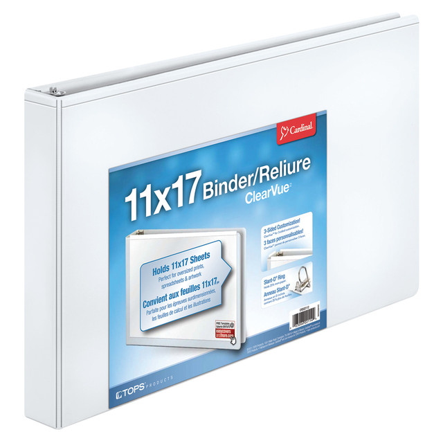 This Cardinal Slant-D ring tabloid ClearVue binder features a clear overlay for customization on all 3 sides, making it easy to label and identify. The design of the rings in this binder allow them to have a larger capacity compared to standard round rings of the same size.  Slant-D rings can hold up to 25% more than standard round-ring binders.  Contains Recycled Content - See Specs for Details.