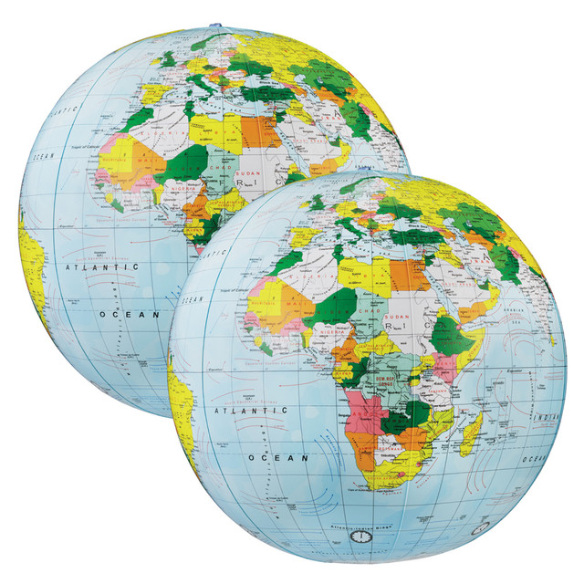 Learn about the features of the world with this vivid globe. The inflatable design is durable, and air can be let out when it is not in use.  Bright colors help children notice the differences between areas.  Inflatable design can be blown up for use or deflated when it needs to be put away.  Sold as a pack of 2 globes.
