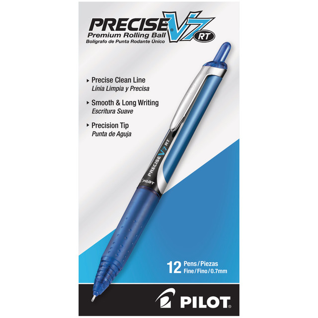 Liquid ink flows smoothly through the precision tip of these Pilot pens, offering crisp writing without skips or stains. The Precise V7 RT pens are ideal for those who rely on writing instruments to help them through the day.  0.7 mm precision tip creates neat, readable text.  Innovative liquid ink formula delivers consistent coverage on all types of paper.  Retractable design of these Precise V7 pens clicks out to write and clicks back in to help prevent damage and ink stains.  Comfortable barrel grip with traction pockets and a tapered base helps ensure a snug grip and a natural hold. Grip is contoured and rubberized for comfort.  Precise liquid ink pens are refillable for easy continued use.  Liquid ink pens with blue ink for precise lines.  Refillable - designed to be used repeatedly, helping you avoid single-use disposables and potentially save money.