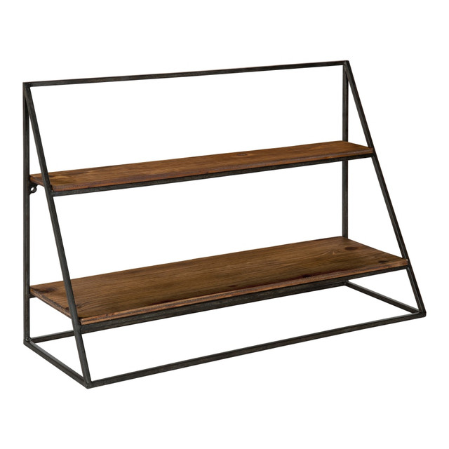 Add a touch of farmhouse decor to your space with the Kate and Laurel Lander Rustic Hanging Wall Shelves. Each shelf features 2 solid wood bases nestled in a metal frame for sturdiness and style. The included hardware and metal eyelet hangers allow for easy mounting.  Solid wood bases offer sturdiness to hold items.  Metal frames offer durability.  Each shelf has 2 tiers, the lower shelf measuring 23-1/2inW x 6-3/4inD and the upper shelf measuring 23-1/2inW x 3-1/4inD.  Metal eyelet hangers and hanging hardware allow for easy installation.  Weight capacity tested to support up to 10 lb (each shelf).