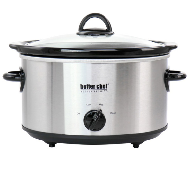 Enjoy the simplicity of cooking with the Better Chef 4-Quart Oval Slow Cooker. This slow cooker features a removable stoneware crock that is dishwasher safe so you can easily clean up after you are done serving food.  Made from metal and stoneware material for durability.  Plastic handle.  Low, high and warm heat settings.  Offers 210W of power.  Removable stoneware crock for easy serving.  Dishwasher safe lid and crock with wipe clean cooker makes cleanup easy.  Backed by the manufacturers 1-year limited warranty.
