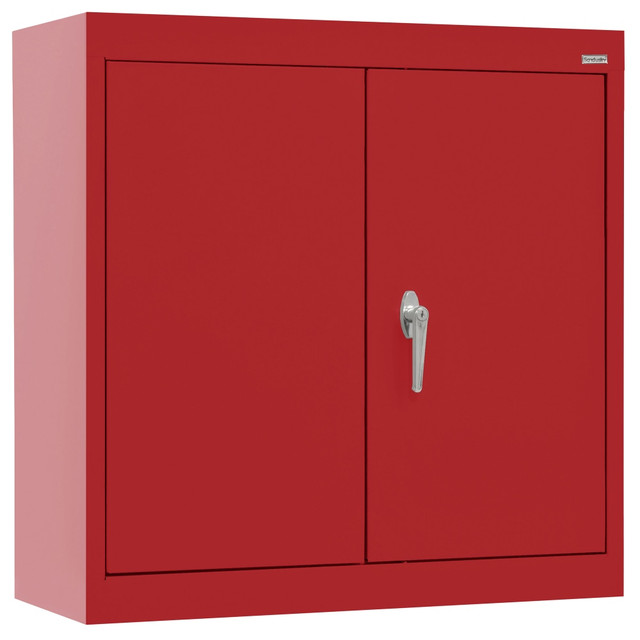 Organize your office, craft room or workshop with the Sandusky 30inW Wall-Mount Storage Cabinet. This wall mount cabinet is made of welded steel for durability, while the shelves provide ample storage space. The reinforced door stiffener panels offer strength, and the 3-point locking mechanism helps keep contents secure.  Adjustable shelf with a bottom shelf.  Chrome swing handle with 3-point locking cabinet mechanism.  Reinforced door stiffener panels.  Made of welded steel.  Powder coat finish.  Weight capacity tested to support 300 lb (150 lb per shelf).  Assembly required.