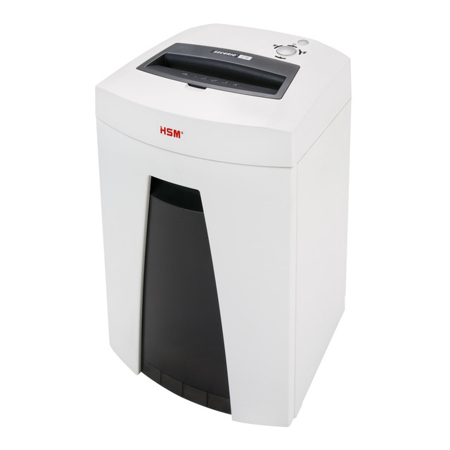 Destroy documents, credit cards and more with this HSM SECURIO C18 Shredder. The powerful cutters tear through a variety of materials at a rate of 10.67 ft/min to help make tasks go quickly and easily.  Accepts credit cards, paper, paper clips and staples.  6.6-gallon bin minimizes emptying frequency. Window lets you see when its time to empty the bin.  Shreds up to 11 sheets per pass. Anti-Jam technology helps make tasks go smoothly.  Small 0.125in x 1.125in particles provide a high level of security.  9.1in entry easily accepts letter- and legal-size documents.  Hardened-steel cutting rollers with V-TEK technology powerfully shred through materials while helping to conserve energy.  Automatic stop and a reverse button provide safety.  Quiet design minimizes workplace disturbances.  Backed by the manufacturers 3-year limited warranty.