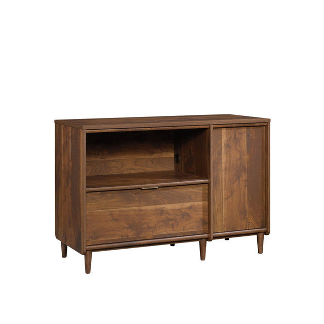 Whether you need a piece for your office or your living space, this credenza has you covered. The strong wooden frame offers a classic style, and the credenza offers multiple storage areas for accessories, electronics and more.  Engineered wood is durable and dependable. Solid wood feet hold strong over time.  Large tabletop space can accommodate a TV up to 46in weighing 50 lb.  Large open shelf can display books, picture frames and more.  Door conceals an adjustable shelf for versatile use.  Lower file drawer houses letter- or legal-size hanging files. Moves on smooth, full-extension slides.  Cord pass-throughs keep wires from cluttering your space.  Finished on all sides.  Assembly required.  This product is heavy and/or oversized and may need more than one person to handle.