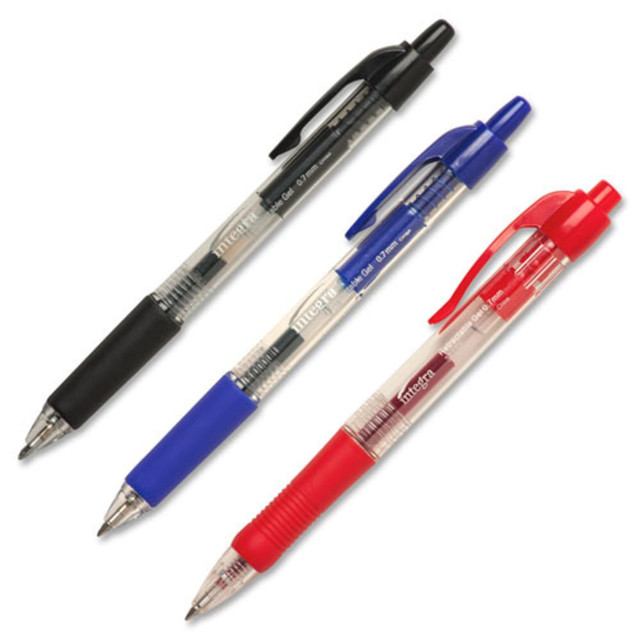 These Integra pens offer a comfortable rubber grip, tough metal ball tip and clear barrel. The permanent, water-resistant gel ink provides a smooth and effortless writing experience.  Water-resistant gel ink provides permanent results.  Rubber grip helps prevent writing fatigue.  Medium-point gel pen features a tough metal ball tip that is retractable.