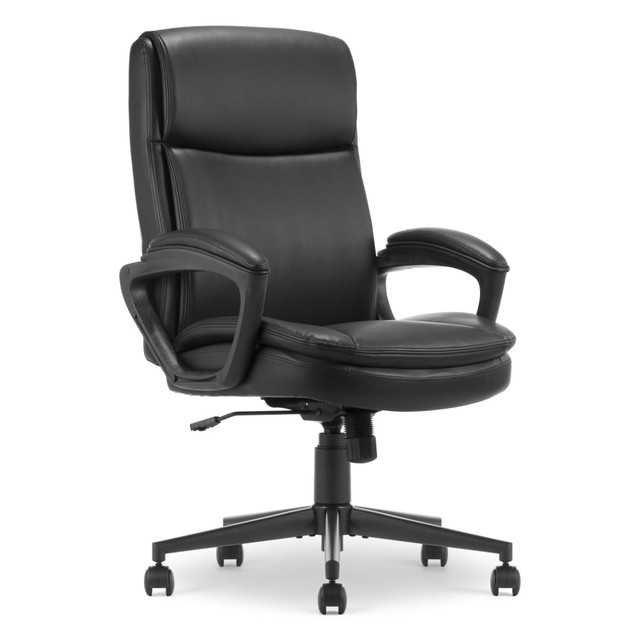 Make your desk a place you love to be with the Comfort Ergo chair. Its modern aesthetic and ergonomic features ensure you can work comfortably and efficiently throughout your workday. Because the body shifts and moves into different positions, the mid-back office chair allows for natural mobility in the upper body and arms for freedom of movement. Gentle contours in the backrest conform to your natural spinal curves and provide lumbar support to encourage good posture and reduce pressure on your lower back. Whether you are seated for short durations or long, extended hours, the well-cushioned backrest, armrests and double-layer waterfall edge seat keep you relaxed and supported with a semi-plush comfort feel. A 360 swivel metal base sits atop double-wheel casters that smoothly glide over rugs and carpets, making it easy to scoot around your workstation. Plus, finding your ideal seated position is a breeze with the convenient seat-side lever to adjust the height and lock the tilt in the upright position. Feel the difference of this Serta Comfort ergonomic office chair every time you take a seat. It will help you stay focused and productive so that you can check the boxes on your daily tasks.  Smooth leather-like upholstery.  Layered foam seat cushion offers comfort.  Easy-to-use control lever for height and recline lockout adjustments.  Adjustable tilt tension to personalize the recline.  Ergonomic padded armrests.  Executive office chair boasts a lightweight, durable metal base.  Durable 360 deg. dual-wheel swivel casters glide across most carpet types.  Weight capacity tested to support 275 lb.  Casters are intended for use on carpet and are not recommended for use on tile or hardwood floors.  Assembly required.  Overall Dimensions: 45inH x 27inW x 31inD.  Backed by the manufacturer"s 1-year limited warranty.  Tested to meet ANSI/BIFMA Performance Standards - Manufacturer testing has been conducted on this product to meet specific performance requirements and safety standards set forth by the American National Standards Institute (ANSI) and the Business and Institutional Furniture Manufacturers.