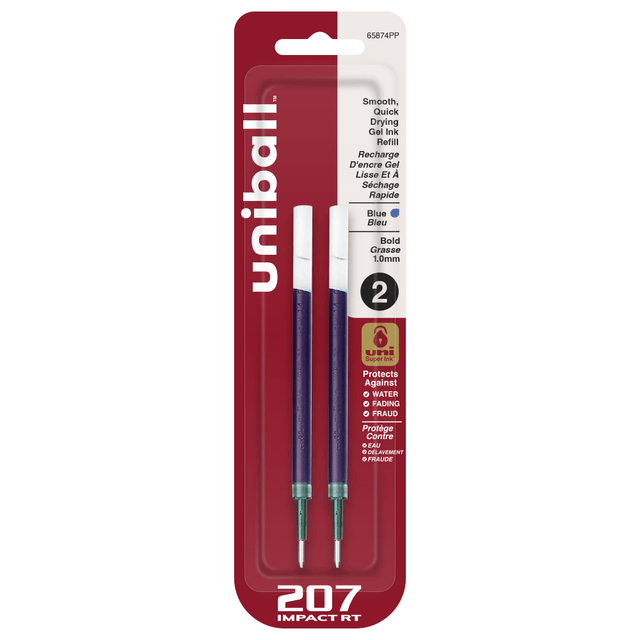 Bold point 1.0 mm retractable gel pens render distinct letters, numbers and graphics with an outstanding finish  Free-flowing gel ink delivers a smooth and pleasant writing experience, giving your notes and documents a consistent look  uni Super Ink technology entrenches the gel ink deep into the paper, preventing document alteration, water damage or fading  Innovative clip auto retracts the tip, protecting against unwanted gel ink marks and stains  A soft rubber grip provides greater writing support and comfort  Professionals first choice gel pen with a sophisticated barrel, stylish metallic accents and high-quality finish  uni-ball 207 Impact refills in blue help keep your favorite pen going.