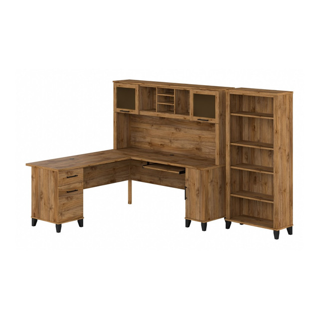 The Somerset L Shaped Desk with Hutch and 5 Shelf Bookcase offers all the space and storage needed to build a practical home office. With transitional styling that includes an attractive finish, contemporary metal hardware and tapered leg accents, this office furniture set is a perfect choice for those who value style as well as function.  Worksurface weight capacity tested to support 200 lb.  Desk includes a pull-out keyboard or laptop tray.  L Shaped Desk offers box and file drawers in addition to a vertical storage compartment.  File drawer accommodates letter-size documents while box drawer stores office supplies and utensils.  File drawer weight capacity tested to support 60 lb.  Hutch features open compartment and closed storage areas with lift-up frosted glass doors.  Bookcase utilizes two fixed shelves for stability and three adjustable shelves for versatile organization.  Bookshelf weight capacity tested to support 84 lb.  Meets ANSI/SOHO test standards for safety.  Assembly Required.  Standard Delivery Service. Furniture is delivered unassembled.  Backed by the Bush Furniture 6-Year Manufacturers Warranty. For additional information, please visit: www.bushfurniture.com/ReturnsExchanges.  This product is heavy and/or oversized and may need more than one person to handle.