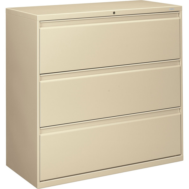 Drawers accommodate letter- or legal-size folders from side-to-side with included adjustable hangrails  Lateral file offers clean lines, reinforced case construction, dual side locks for security, and full-width, designer-style handles with magnetic label holders.  Baked enamel finish over rust-inhibiting, phosphate pretreatment adds more durability.  3-part, telescoping, ball-bearing suspension delivers smooth drawer operation.  Drawers are flush at the top and sides and feature drawer extension restraint.  Mechanical interlock allows only 1 drawer to open at a time.  Design also offers 4 adjustable leveling guides for stabilizing and HON One Key interchangeable core, removable locks. Lock mechanism secures both sides of drawers.  Certified by SCS to be in compliance with specific indoor air quality emission requirements.  BIFMA level 2 certified - reduced impact from multiple eco-attributes and/or social attributes. Ranked in three tiers: level 1, 2, or 3.  SCS Indoor Advantage certified - meets strict indoor air quality guidelines. Ranked in two tiers: Certified and Gold.  Tested to meet ANSI/BIFMA Performance Standards - Manufacturer testing has been conducted on this product to meet specific performance requirements and safety standards set forth by the American National Standards Institute (ANSI) and the Business and Institutional Furniture Manufacturers.  This product is heavy and/or oversized and may need more than one person to handle.  Less harsh chemicals - made with fewer harsh chemicals, or safer chemicals than typical alternatives, helping  reduce your use of and exposure to substances that may be more harmful to your health and the environment.  Contains Recycled Content - See Specs for Details.