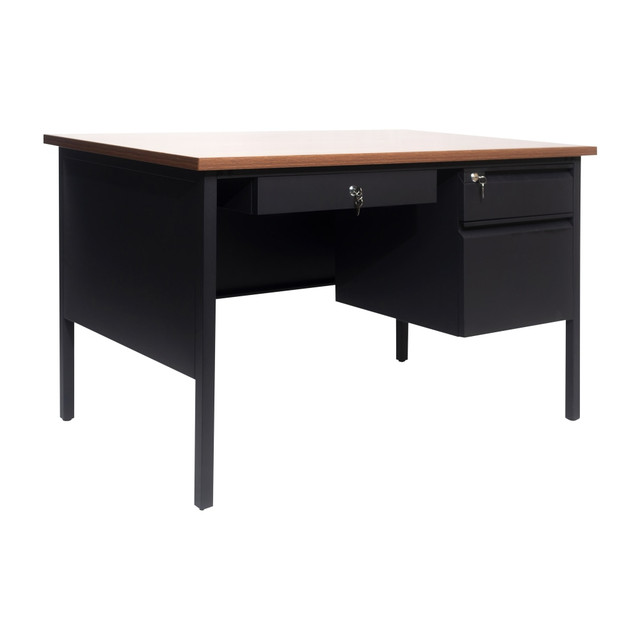 Perfect for both the office or classroom spaces, this commercial grade single pedestal desk will readily adapt to any environment.  Contemporary Commercial Grade Single Pedestal Desk with Drawers  Available in Multiple Colors  Laminate Desktop Work Surface  Integrated Modesty Panel  Steel Frame and Side Panels  Locking Drawers with Ball Bearing Slides and 2 Included Keys  300 LBS. Static Weight Capacity  Assembles in Under 30 Minutes  Wipe Clean with a Damp Cloth  This product is heavy and/or oversized and may need more than one person to handle.