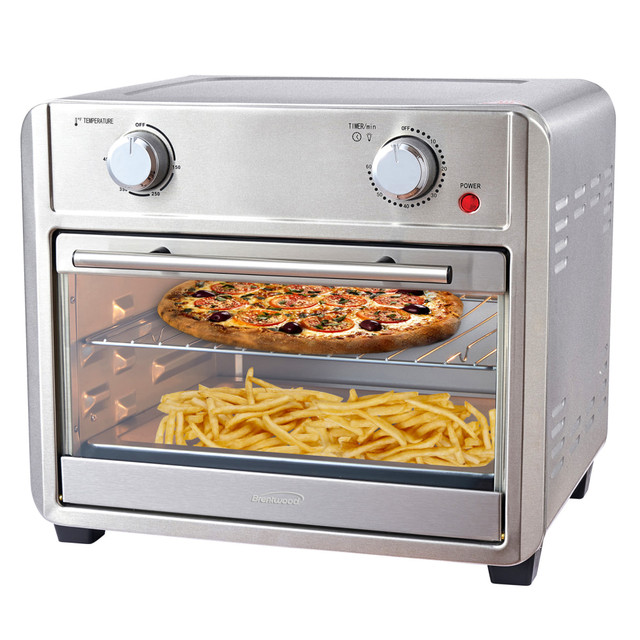Make delicious meals for the family with help from the Brentwood 1700 Watt 24 Qt Convection Air Fryer Toaster Oven. The unit features an adjustable temperature control and a timer to help you cook items just right.  Made of durable and dependable stainless steel.  Temperature is adjustable up to 450 deg. for all of your cooking needs.  60-minute timer and Stay-On mode to help with longer meals.  Rack can be placed in 3 positions for larger or smaller items.  Large viewing window and bright internal lamp allow you to monitor progress.  Cool-touch handle and power indicator light help prevent accidents.  Interior is easy to clean.  No-slip feet keep the unit from moving.  Comes with 5 accessories.  Backed by the manufacturers 1-year limited warranty.