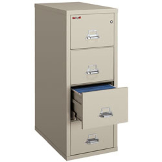 Protect your valuable documents with the FireKing vertical file cabinet. With a space-saving, fireproof design, this legal-size, parchment, 4-drawer cabinet makes a great addition to your business.  UL Class 350 - rated to withstand fires for up to 1 hour at 350 deg..  Cabinet can be dropped up to 30ft without compromising its integrity.  UL-listed high-security key lock keeps files confidential.  The inside drawer height accommodates hanging or regular file folders.  White Glove Delivery Service. Furniture is delivered and installed in 1 visit within 21 business days with all packaging removed. Some furniture may be delivered partially assembled, requiring on-site assembly by the delivery service. Some areas may take longer than 21 business days.  This product is heavy and/or oversized and may need more than one person to handle.