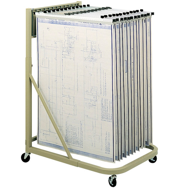 A large file storage stand  Features 12 pivot brackets that swing wide and hold up to 12 hanging document clamps (ordered separately). Unit can be adjusted in height or width to fit with the different sizes of clamps.  Durable, steel construction equipped for storage of art, construction, engineering and other large documents.  Mobile stand rests on four 3in ball bearing wheels (casters) (front two locking).  Backed by the manufacturers limited lifetime warranty.  GREENGUARD certified - certified for low chemical emissions: UL.COM/GG - UL 2818. Ranked in two tiers: Certified and Gold.  Less harsh chemicals - made with fewer harsh chemicals, or safer chemicals than typical alternatives, helping  reduce your use of and exposure to substances that may be more harmful to your health and the environment.