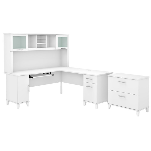 The Somerset L Shaped Desk with Hutch and Lateral File Cabinet offers all the space and storage needed to build a practical home office. With transitional styling that includes an attractive finish, contemporary metal hardware and tapered leg accents, this office furniture set is a perfect choice for those who value style as well as function.  Worksurface weight capacity tested to support 200 lb.  Desk includes a pull out keyboard or laptop tray.  L Shaped Desk offers box and file drawers in addition to a vertical storage compartment.  File drawers open on full-extension ball-bearing slides and hold legal and letter sized documents.  File drawer weight capacity tested to support 60 lb.  Hutch features an open compartment and closed storage areas with lift-up frosted glass doors.  2 Drawer Lateral File Cabinet has interlocking mechanism to reduce the likelihood of tipping.  Meets ANSI/SOHO test standards for safety.  Assembly Required.  Standard Delivery Service. Furniture is delivered unassembled.  Backed by the Bush Furniture 6-Year Manufacturers Warranty. For additional information, please visit: www.bushfurniture.com/ReturnsExchanges.  Bundle Includes: 72inW L-Shaped Desk, 72inW Hutch, Lateral File Cabinet.  Assembled Dimensions: 71inW x 70-7/8inW x 64-7/8inH.  72inW surface with wire management provides plenty of room for a computer, phone, printer and more.  This product is heavy and/or oversized and may need more than one person to handle.