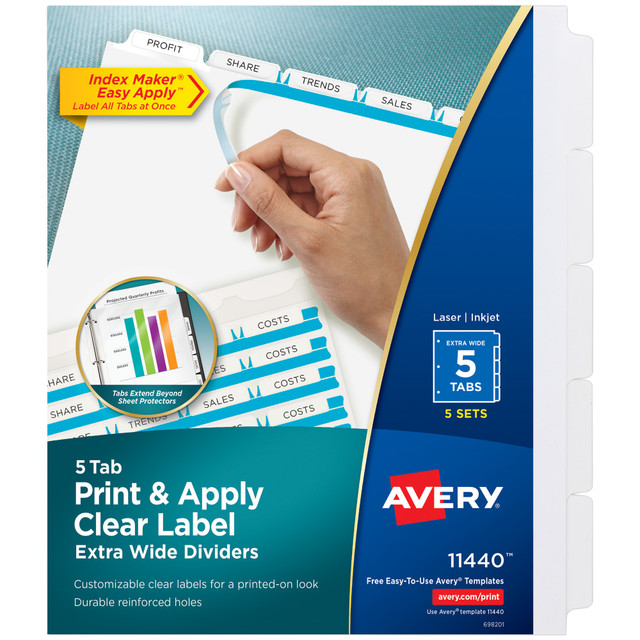 Easily create and print your own personalized dividers with Avery Index Maker Clear Label Extra-Wide Dividers. These larger 9.25in x 11.25in dividers extend past standard sheet protectors, so tab titles remain visible for quick and easy referencing. Customize your title tabs quickly and easily using the free templates on the Avery website and print with your inkjet or laser printer for clean, professional looking results in minutes. The Easy Apply clear label strips make it simple to apply all labels of each set at once. Just print, align labels against tabs, smooth down labels and peel up strip. Each 3-hole punched durable divider also features doubled-sided, reinforced tabs and edges to help resist tearing for long-lasting, everyday use. These 3 ring binder dividers with tabs are a great addition to your medical office supplies, school binders, personal organizers, tax office supplies, presentation reports and more. Print, peel, and press your way to a perfect, precise project.  Tab titles remain visible with perfectly-sized extra-wide dividers with tabs that extend beyond sheet protectors.  Create high-quality custom tab dividers using free templates from the Avery website and printing on your laser or inkjet printer.  Label all tab dividers at once with the Index Maker Easy Apply Label strip that results in five perfectly aligned sets of tabs.  Get a professional, printed-on look with clear labels that virtually disappear on the white divider tabs.  Great for organizing your medical document binder, meeting materials, proposals, tax organizer binder, financial planner and more.  Pack contains 5 sets of 5-tab dividers for a total of 25 dividers.  Contains Recycled Content - See Specs for Details.