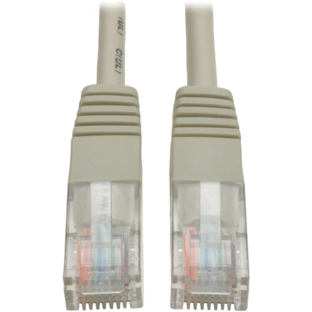 Tripp Lites 4.57 m (15-ft.) grey category 5e (Cat5e) patch cable has 2 standard RJ45 molded male connectors featuring integral strain relief. The cable is manufactured from PVC 4-pair stranded UTP and is rated for 350MHz/1Gbps communication. All cables are offered in a variety of lengths and colors for all category 5 (Cat5) and 5e cabling needs. Snagless category 5e patch cables are also available.   IEEE 802.3ab  PVC 4-pair stranded UTP  All cables feature boots with integral strain-relief and RJ45 (Male) connectors  Premium cabling for Category 5 and 5e applications-rated for 350 MHz/1 Gbps communications