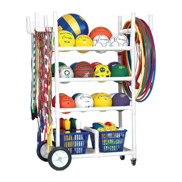 Use this indoor/outdoor cart to move equipment around your space. The all-terrain cart features heavy-duty steel and plastic construction and features swiveling front casters to help you maneuver tight spaces.  Strong steel and plastic utility cart allows use indoors or outdoors.  2 large, removable baskets to help store plenty of equipment. Baskets measure 10inH x 13-1/4inW x 19-1/4inD.  Foldaway handles are there only when you need them.  Heavy-duty, all-terrain rear wheels and front swivel casters for effective movement.  Weight capacity tested to support 100 lb.  Assembly required.