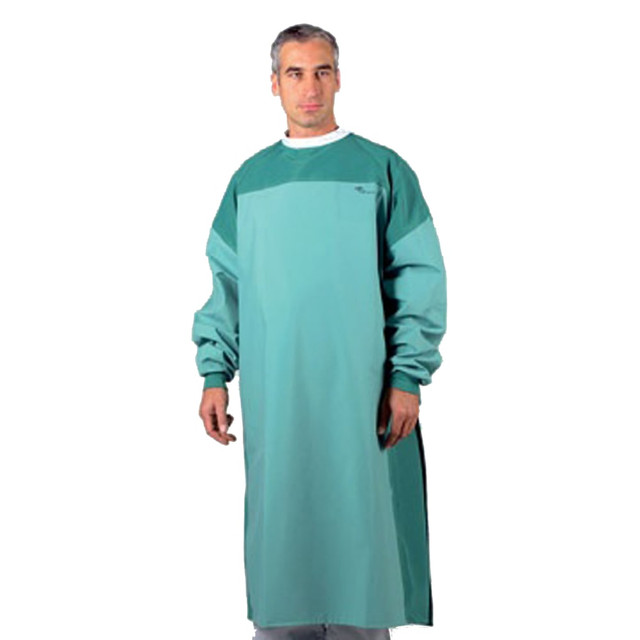 Ensure your patient has proper coverage before his or her exam with this gown. The polyester-cotton blend stands up to repeated use, and the overlapping back tie closure lets him or her find an ideal fit.  Solid gown offers coverage and modesty for patients receiving x-ray exams.  Crafted from a polyester-cotton blend for a soft feel and durability.  Features a 62in sweep with 48in length and 14 1/2in sleeves for an ideal fit.  Overlapping back tie closure ensures a custom, secure fit.  Features ties at the neck and mid-back to help create a secure fit.