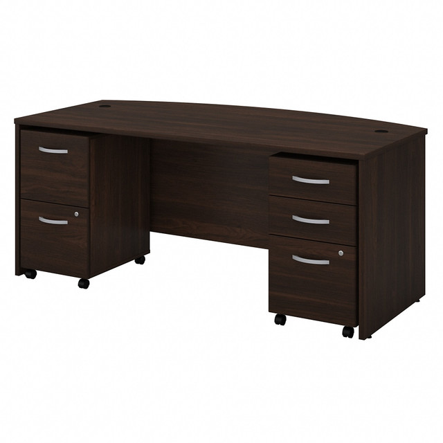 A classic design with a contemporary finish. The Studio C Bow Front Desk and Mobile File Cabinets feature a commercial-grade construction and a professional look thats perfect for the modern office. Spread out on the extended Bow Front Desk surface and keep your most important files within reach.  Bundle includes: 72inW x 36inD Bow Front Desk, 2 Drawer Mobile File Cabinet, 3 Drawer Mobile File Cabinet.  Assembled Dimensions: 71inW x 36inD x 29 5/6inH  Thermally fused laminate finish fends off scratches and stains to protect the office furniture set.  Bow Front Desk surface offers extended space for guests to collaborate.  Desktop weight capacity tested to support 200 lb.  Integrated cable management conceals computer cords.  Mobile File Cabinets lock to secure your letter, legal and A4 size paperwork with file drawers gliding on smooth full-extension ball-bearing slides.  3 Drawer Mobile File Cabinet includes 2 box drawers with 1 file drawer, and 2 Drawer Mobile File Cabinet contains 2 file drawers.  File drawer weight capacity tested to support 35 lb.  Available in your choice of several contemporary and traditional finishes to fit any work environment.  Commercial quality backed by the Bush Business Furniture 10-Year Manufacturers Warranty. For additional information, please visit: www.bushbusinessfurniture.com/ReturnsExchanges  Assembly required.  Standard Delivery Service. Furniture is delivered unassembled.  Tested to meet ANSI/BIFMA Performance Standards - Manufacturer testing has been conducted on this product to meet specific performance requirements and safety standards set forth by the American National Standards Institute (ANSI) and the Business and Institutional Furniture Manufacturers.  This product is heavy and/or oversized and may need more than one person to handle.