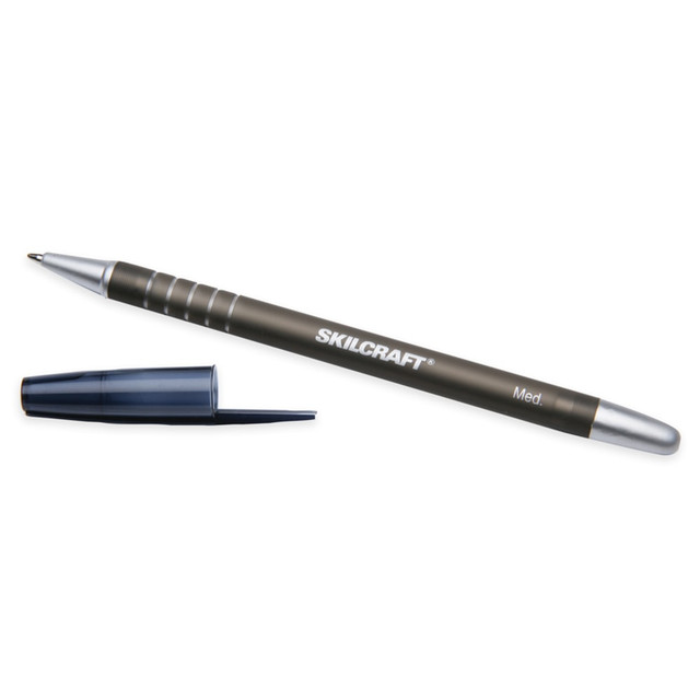 Sign documents, jot down notes and write messages with these AbilityOne pens. The plastic cap helps preserve the refillable ink supply.  Crafted with a stainless-steel tip and a tungsten-carbide point.  Rubberized barrel promotes a secure grip.  Smudge-resistant ink guards against fading over time.  SKILCRAFT rubber pens offer a long-lasting, refillable ink supply.  Includes 12 med-point rubber pens in black.  Refillable - designed to be used repeatedly, helping you avoid single-use disposables and potentially save money.