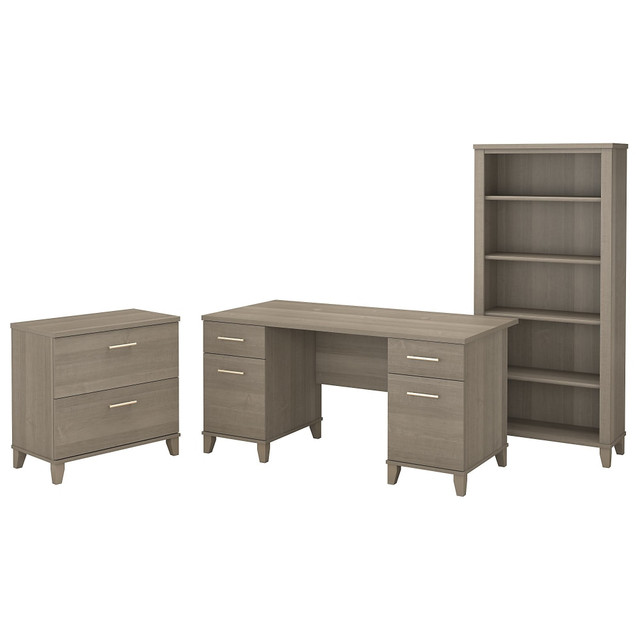 The Somerset Office Desk with File Cabinet and 5 Shelf Bookcase offers a personal workspace that blends the best of traditional and modern design. Featuring ample space and storage in addition to an attractive finish, contemporary metal hardware and tapered leg accents, this office furniture set appeals to those who value style as well as function.  Assembled Dimensions: 59.29in W x 29.21inD x 65.21inH  Bundle includes: 60W Office Desk, 2 Drawer Lateral File Cabinet, 5 Shelf Bookcase  Durable 60W surface extends over the edge to provide a place for guests to pull up a chair.  File drawers open on full-extension ball bearing slides and hold legal and letter sized documents.  60W Desk with Lateral File and Bookcase weight capacity tested to support 200 lbs.  Two box drawers store office supplies.  Office Desk includes wire management slots for keeping cords and cables out of the way.  2 Drawer Lateral File Cabinet has interlocking mechanism to reduce the likelihood of tipping.  Assembly Required. Standard Delivery Service. Furniture is delivered unassembled.  Bookcase utilizes two fixed shelves for stability and three adjustable shelves for versatile organization.  Meets ANSI/SOHO quality test standards for safety.  Backed by the Bush Furniture 6-Years Manufacturers Warranty. For additional information, please visit: www.bushfurniture.com/ReturnsExchanges  This product is heavy and/or oversized and may need more than one person to handle.