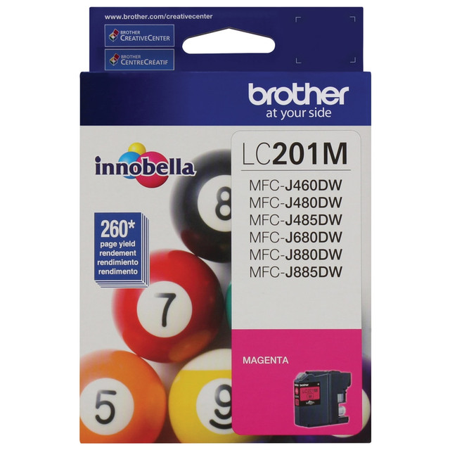 Compatible Brother models: MFC : MFC-J460DW, MFC-J480DW, MFC-J485DW, MFC-J680DW, MFC-J880DW, MFC-J885DW.  .    Brother Genuine LC201M is for use with: MFC-J460DW, MFC-J480DW, MFC-J485DW, MFC-J680DW, MFC-J880DW, MFC-J885DW.  Brother offers an environmentally responsible way for customers to dispose of Brother Genuine cartridges.  Superior inkjet print quality you can consistently rely on for up to 260 pages.  Intelligently engineered to work in seamless unison with your Brother inkjet printer.  Brother Genuine ink produces rich, vivid color prints that withstand the test of time.  Brother Genuine LC201M Standard-yield Magenta Ink Cartridge.  Yields up to 260 pages.  Eco-conscious choice - has one or more meaningful eco attributes or eco-labels.  Recycling solution - designed to encourage recycling, helping you divert materials from landfill.