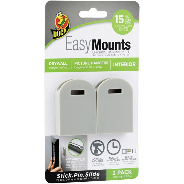 Supports both wire or sawtooth picture-hanging hardware  Each EasyMounts Picture Hanger securely holds up to 15 lb. of weight, which is equal to about 2 gallons of water!  Install in drywall within seconds and get decorating. Built-in bubble level helps ensure you are hanging the product perfectly straight  Universal hanging system so you can easily switch to another EasyMounts Interior solution in seconds, without moving the base  Completely removable and only three pin holes remain, which is much less damage than wall anchors or adhesive hanger mishaps  Only EasyMounts brings you the convenience of adhesive with the security of pins to hold 15 lb. without the use of tools. Everything you need is right in the package with easy-to-follow instructions - just stick, pin & slide