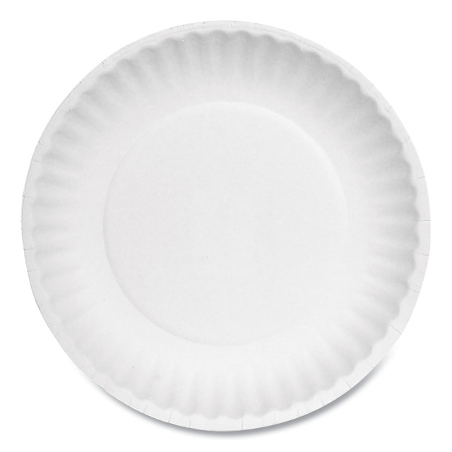 Offer guests 1 of these AJM Packaging Corporation Paper Plates to help them enjoy their meal. The plates are made of uncoated paper and can be used to heat or reheat foods in the microwave.  Made of uncoated paper for durability and a light weight.  Microwave safe to allow reheating.  Disposable for easy cleanup.