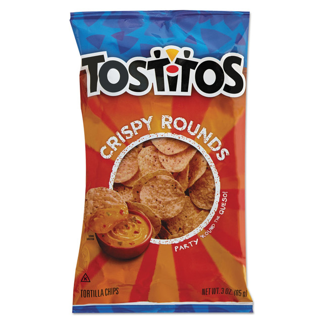 Bring out Tostitos Tortilla Chips Crispy Rounds and let visitors enjoy a tasty snack. These tortilla chips offer a mouthwatering flavor and are designed for dipping thanks to their round shape.  Classic tortilla flavor for a salty taste.  3-oz bag is great for sharing.  Shape and texture are designed for dipping.